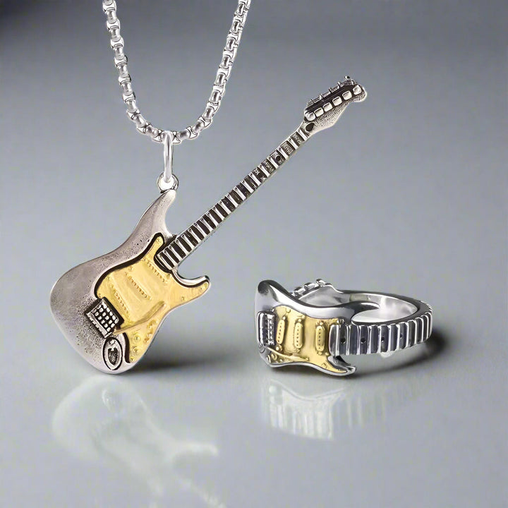 Stylish unisex electric guitar necklace and ring set, ideal accessory for rock music enthusiasts & fans.