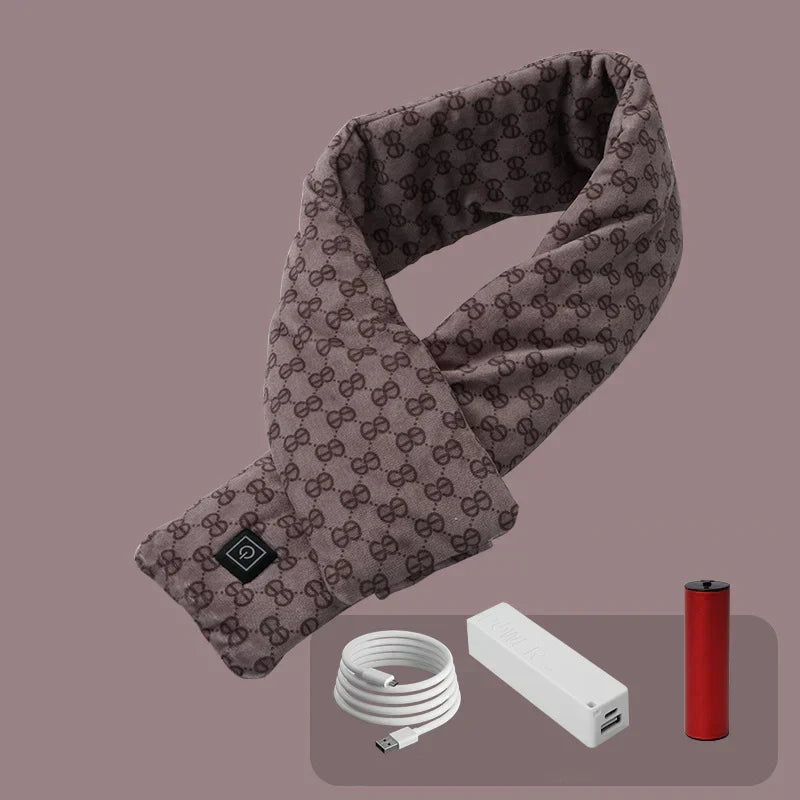 Warm grey electric heated scarf with fleece lining for cold weather comfort & outdoor gear.