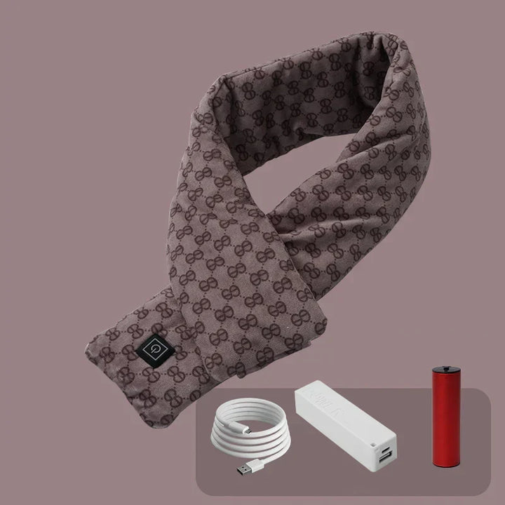 Warm grey electric heated scarf with fleece lining for cold weather comfort & outdoor gear.