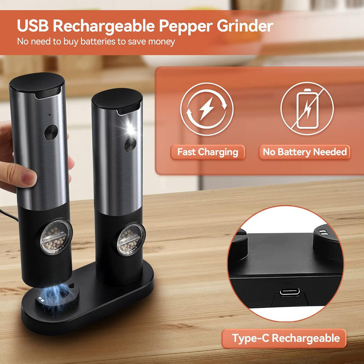 Rechargeable electric spice grinders for the kitchen. Stainless steel design, adjustable coarse to fine grind.