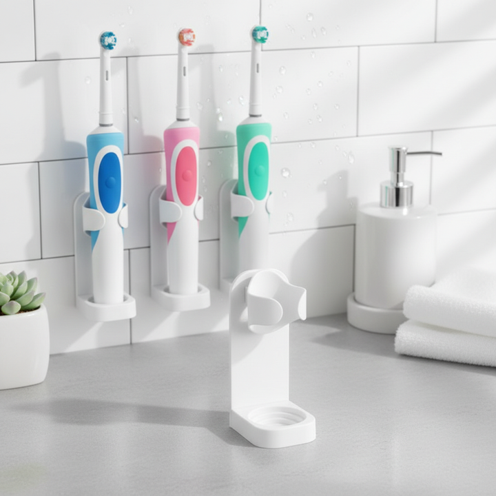 Unisex electric toothbrush wall holder set with 4 slots, white plastic, keeping brushes hygienic and organized.