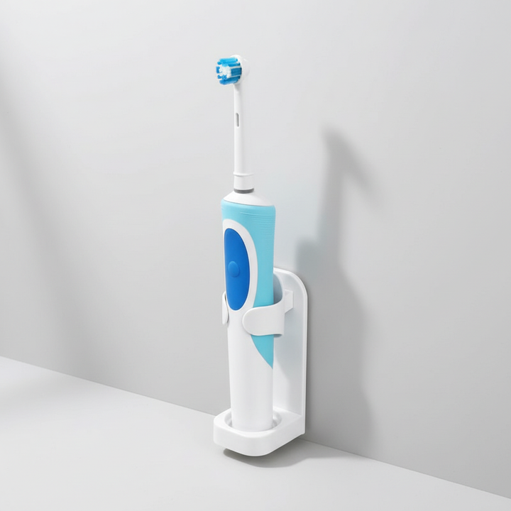 Space-saving electric toothbrush wall mount, ToothPort family set for bathroom organization, white plastic.