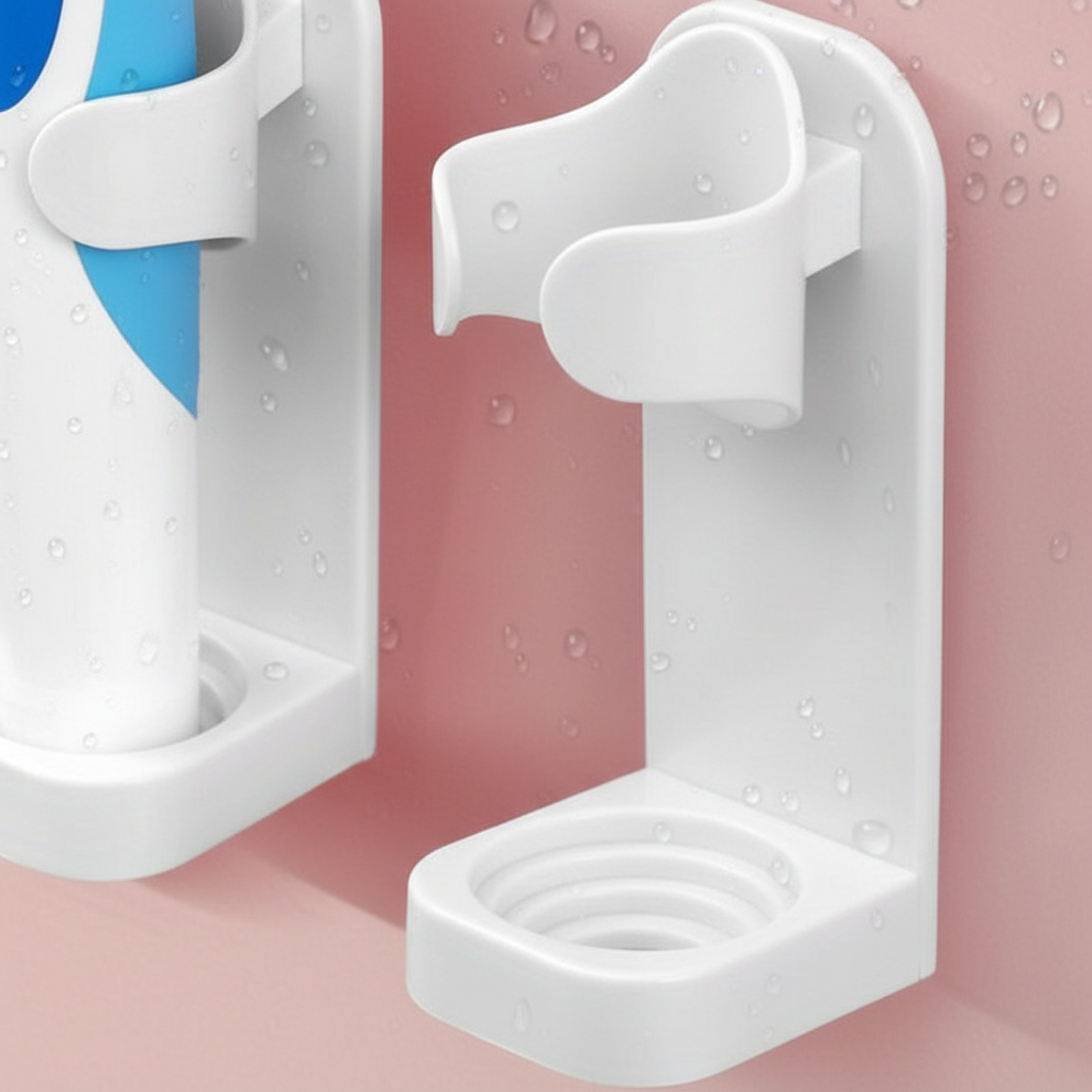 Bathroom accessories: white plastic multi-holder ToothPort for electric toothbrushes, wall-mounted, hygiene focus.
