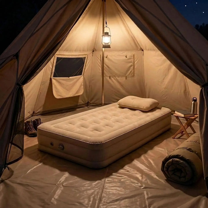 Unisex elevated camping air mattress in khaki, perfect for comfortable outdoor sleep and camp gear.