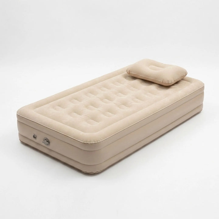 Black inflatable single person air mattress for comfortable elevated camping and hiking. Portable travel bed.