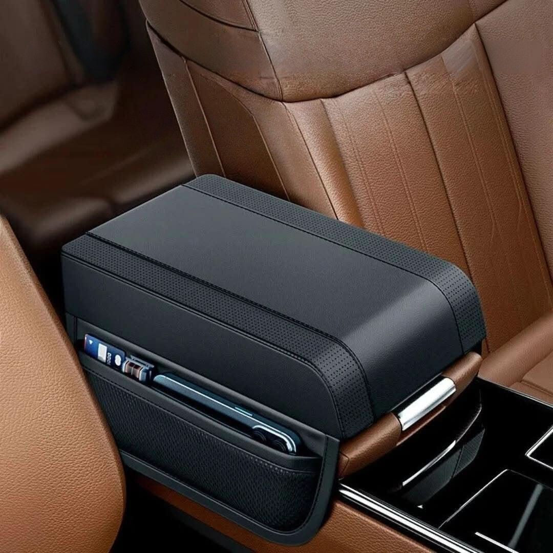 Unisex elevating car armrest pad with built-in storage for enhanced driving comfort.