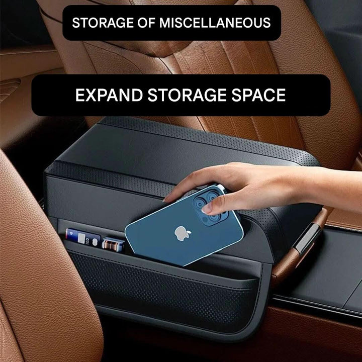 Adjustable car armrest storage organizer pad, providing ergonomic support and automotive convenience.