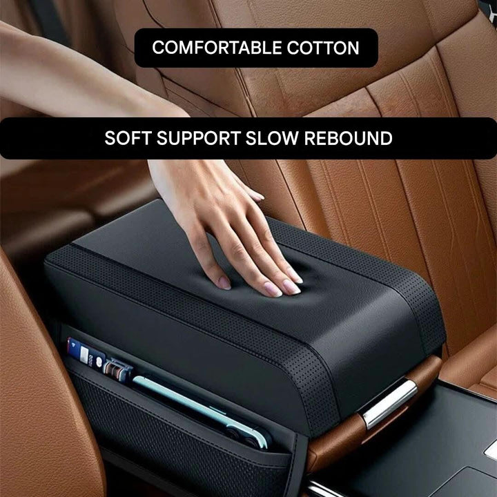 Elevated car armrest cushion with integrated storage space, a practical car accessory for comfort.