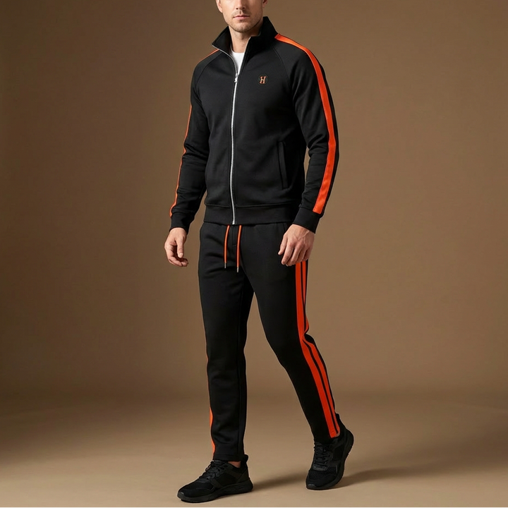 Unisex embroidered tracksuit, modern style & athletic comfort. Two-piece activewear set for casual fashion.