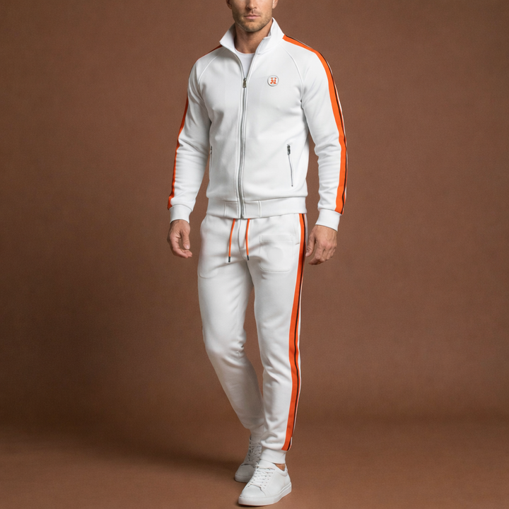Modern unisex embroidered tracksuit. Comfortable athletic wear set, ideal for streetwear & sports style.