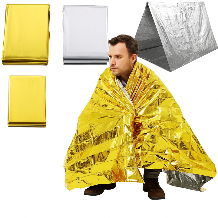Unisex emergency poncho & survival blanket. Lightweight, reflective for outdoor warmth & shelter. All-weather PET film.