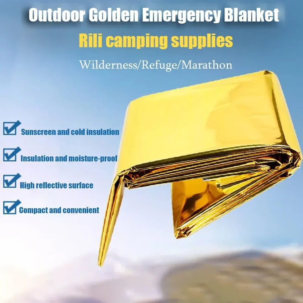 ThermaShield emergency blanket, reflective PET film. Provides warmth & insulation for survival, camping, hiking.