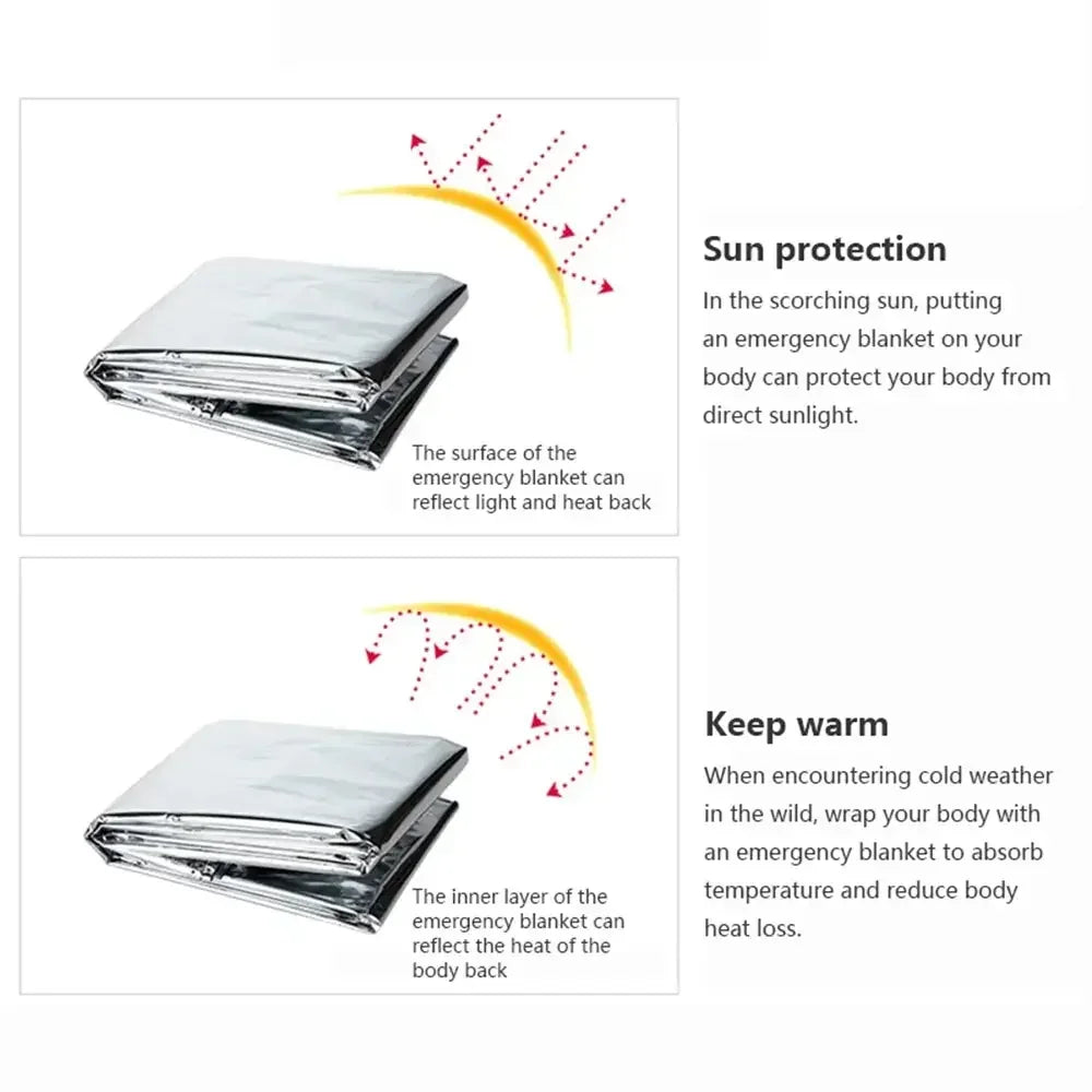 All-weather survival poncho blanket. Reflective, insulating PET film for emergency warmth & outdoor protection.