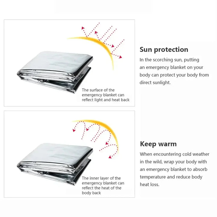 All-weather survival poncho blanket. Reflective, insulating PET film for emergency warmth & outdoor protection.
