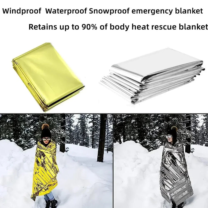 Reflective PET film emergency blanket & poncho. Offers crucial warmth, insulation, and shelter for survival use.