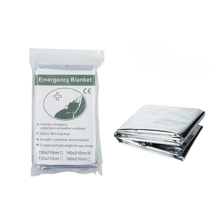 Flexible emergency poncho & blanket. Multipurpose reflective PET film for survival, outdoor warmth & shelter.
