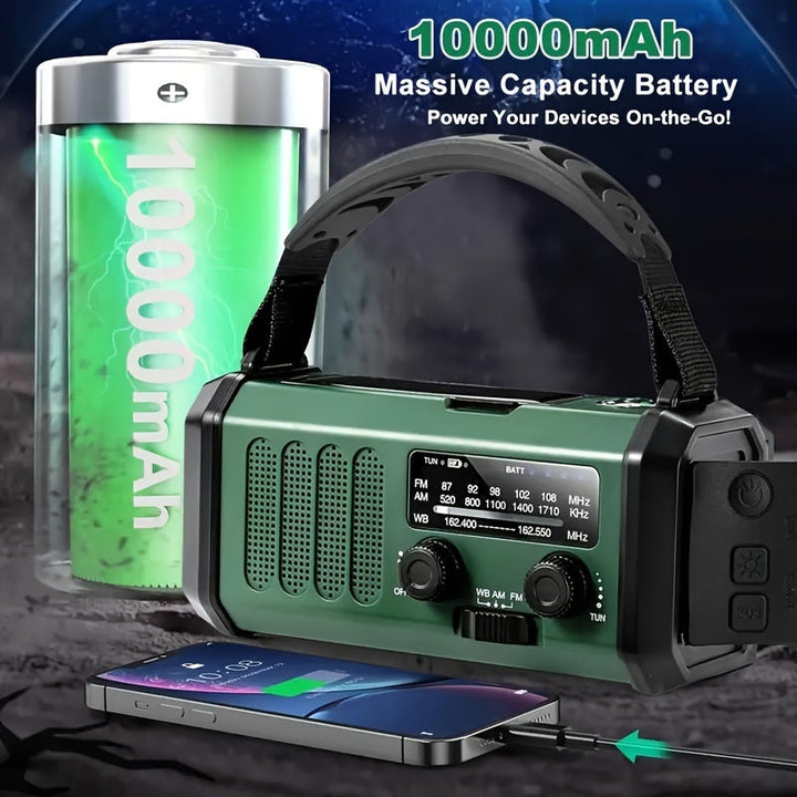 Self-powered emergency radio: solar & hand crank for survival gear, camping, outdoor, and preparedness.