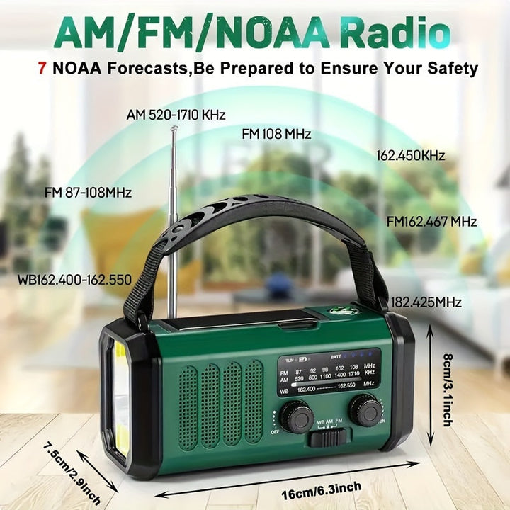 NOAA weather alert emergency radio with bright LED flashlight for preparedness and outdoor emergencies.