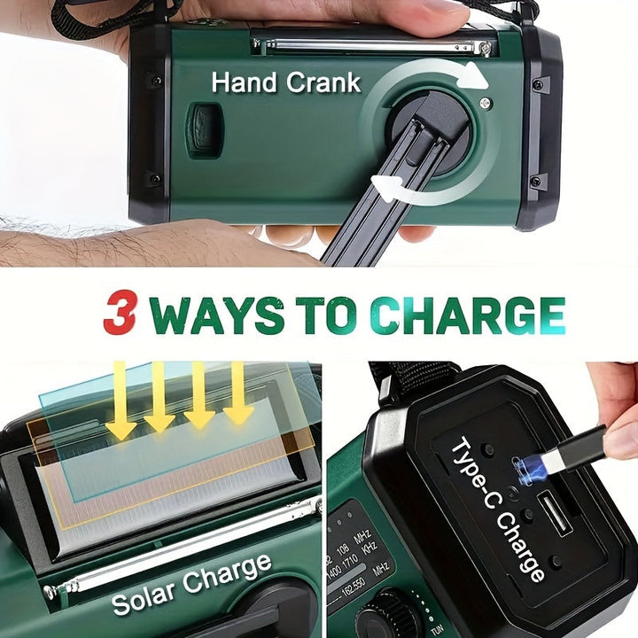 USB phone charger emergency radio, hand crank & solar powered, ideal for outdoor adventures & camping.