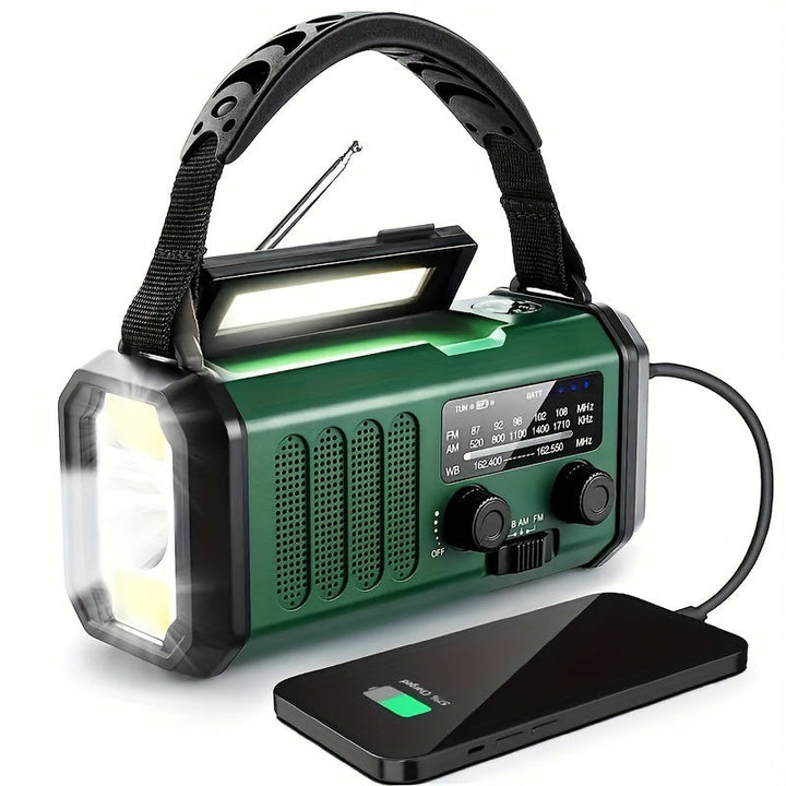 All-in-one emergency radio: flashlight, power bank, NOAA weather, hand crank & solar for preparedness.
