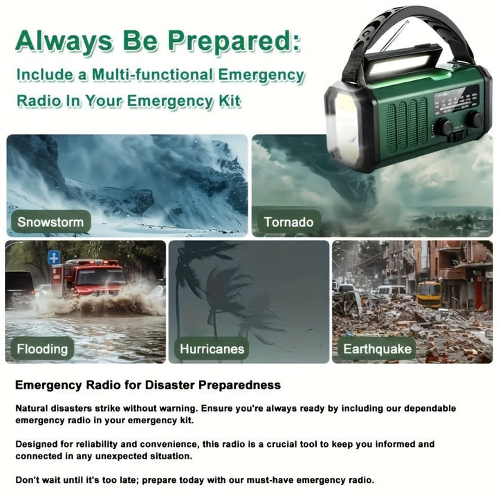 Portable emergency radio for camping, hiking, & preparedness; solar, hand crank, USB charger, flashlight.
