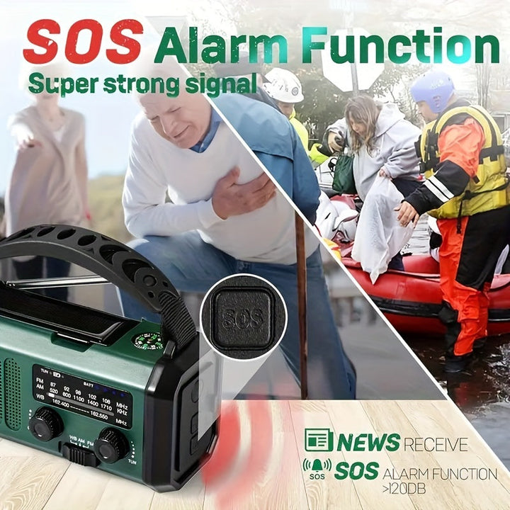 Durable emergency radio for outdoor, camping, and hiking; features hand crank, solar, & USB charging.