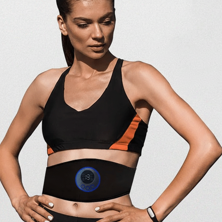 Portable EMS electric abdominal trainer for body sculpting and muscle toning. Perfect for home gym workouts.