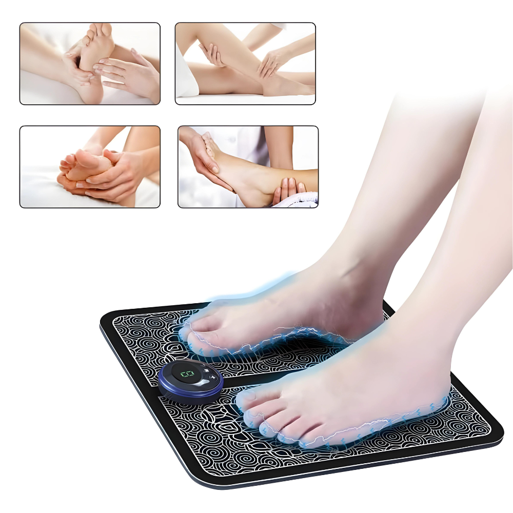 Portable electric EMS foot massager pad, ideal for stress relief, foot care & improved blood circulation.