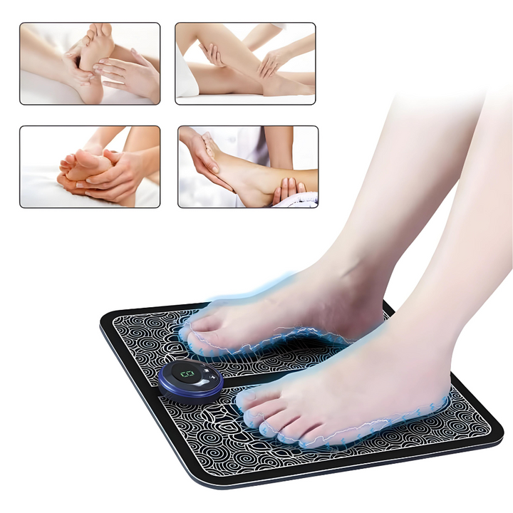 Portable electric EMS foot massager pad, ideal for stress relief, foot care & improved blood circulation.