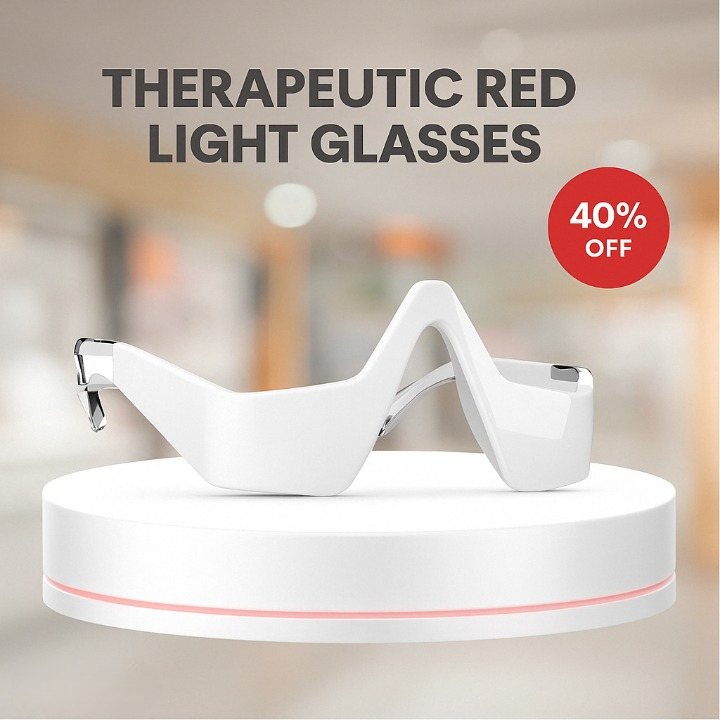 Rechargeable EyeRevive EMS Bril with red light therapy for improved eyecare and anti-aging benefits.