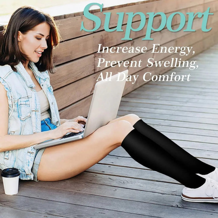 Unisex compression socks, ideal for travel, nursing, or daily wear, offering energizing leg support & relief.