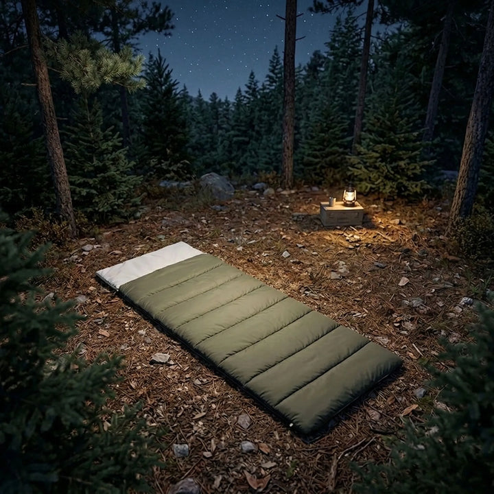 Unisex envelope sleeping bag for camping, hiking, & outdoor recreation. Comfortable cotton fill travel gear.