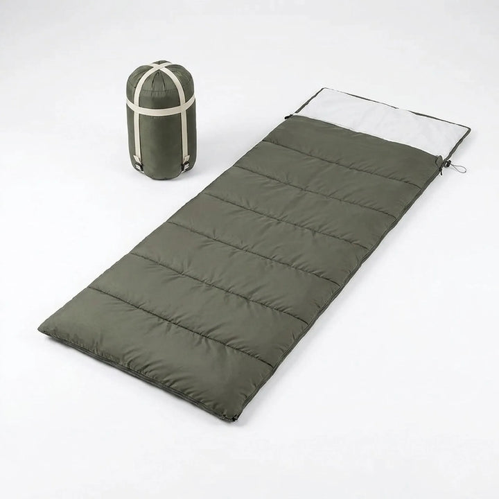 Lightweight unisex envelope sleeping bag with soft cotton fill, essential travel gear for hiking & camping.