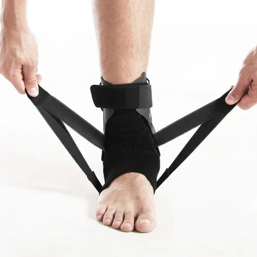 Secure fit ergonomic ankle brace for unisex use, offering robust stability for injury prevention & sports.