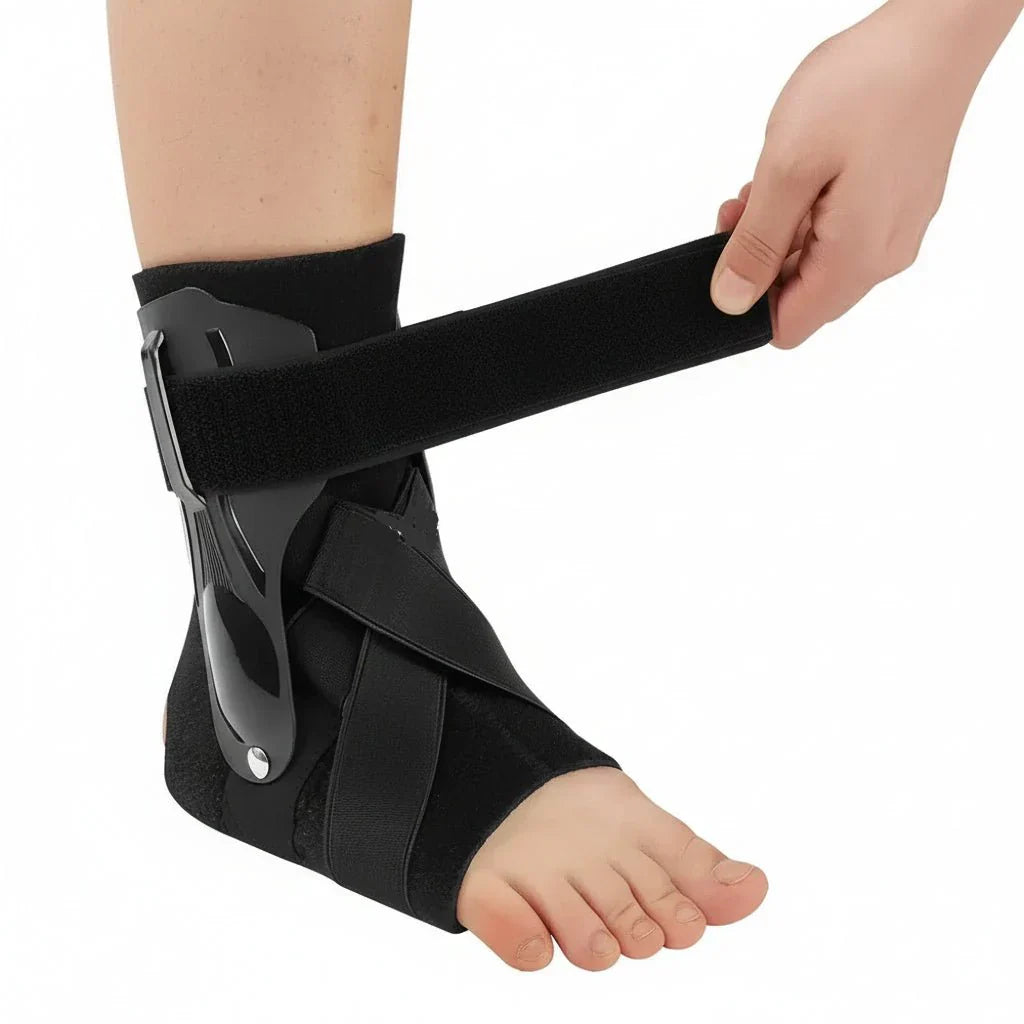 Medical-grade ergonomic ankle support, double stabilizers, providing comfort & stability for recovery.