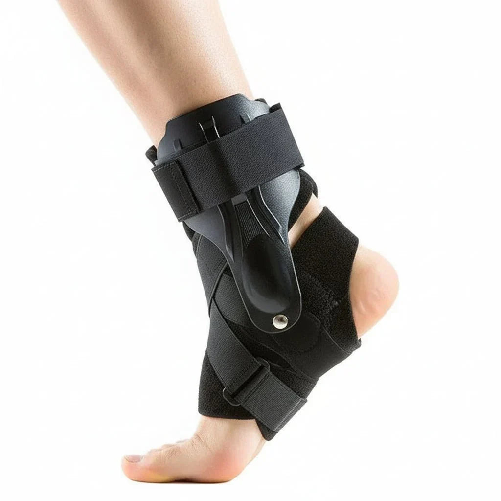 Durable unisex ankle brace with advanced double stabilizers for comprehensive joint support & workout safety.