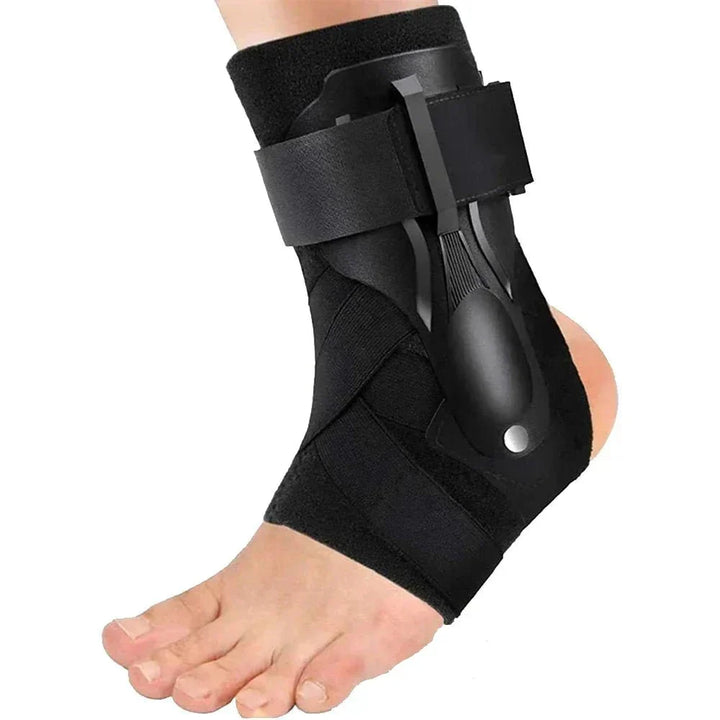 Front view: Ergonomic ankle support with double stabilizers, ideal for sports injury prevention & recovery.