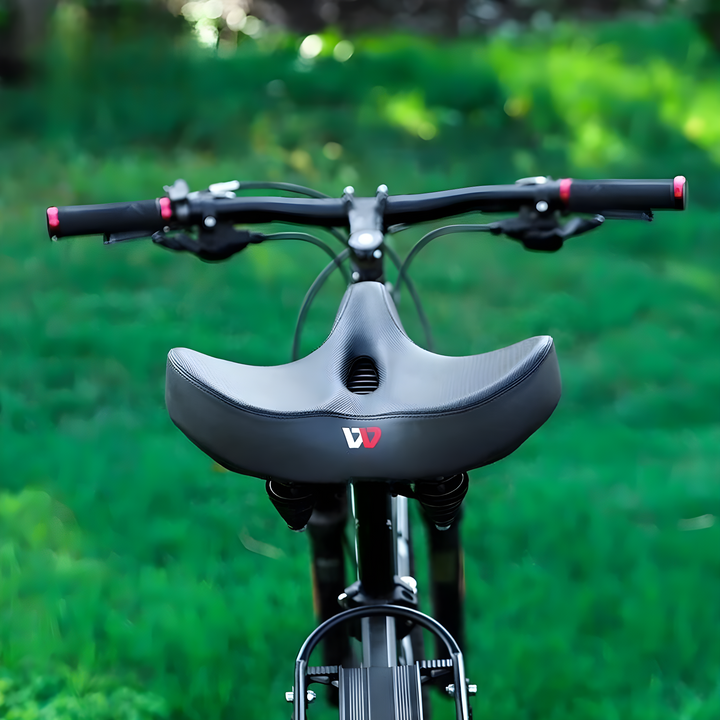 Comfort bike saddle for road & mountain bikes, features shock absorption & memory foam for a smooth ride.