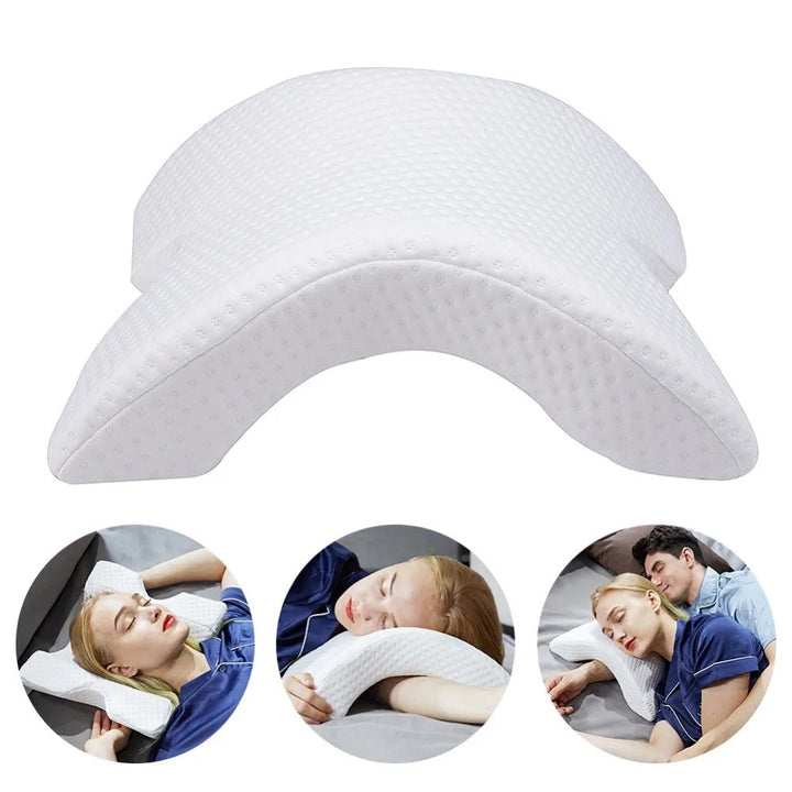 Unisex ergonomic curved memory foam pillow provides neck & arm support for ultimate comfort and pain relief.