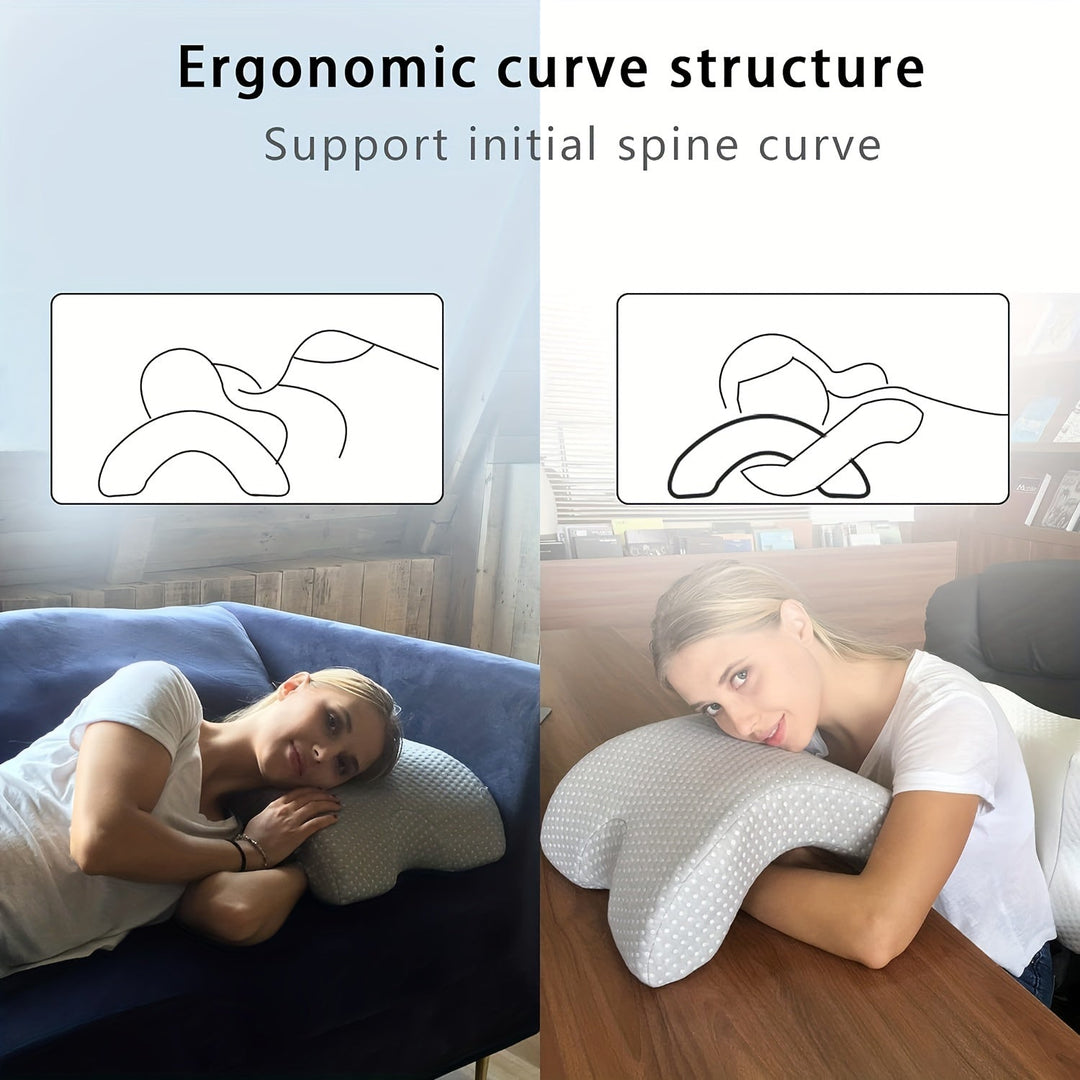 Compact memory foam curved pillow for travel & office, offering ergonomic neck & arm support.