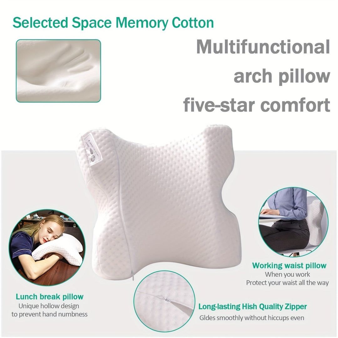 Versatile curved memory foam pillow: ergonomic neck support, arm rest, and travel companion for naps.