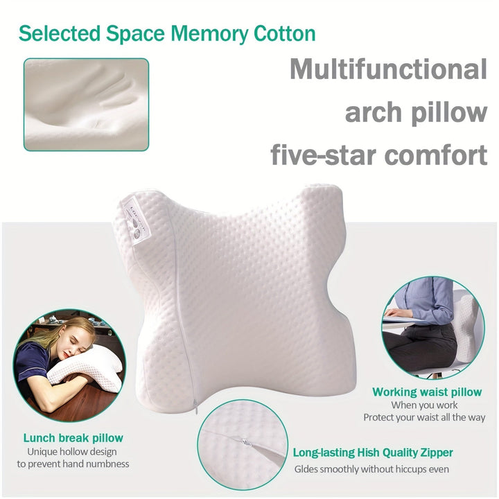 Versatile curved memory foam pillow: ergonomic neck support, arm rest, and travel companion for naps.