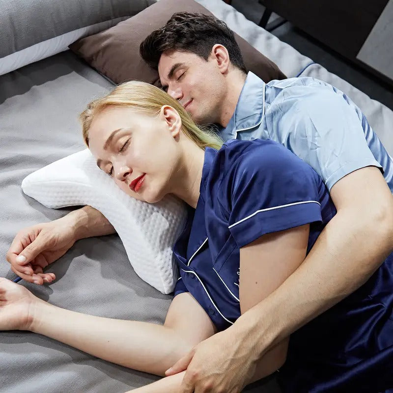 Unisex ergonomic memory foam pillow for comprehensive neck, arm, & back support, enhancing office comfort.