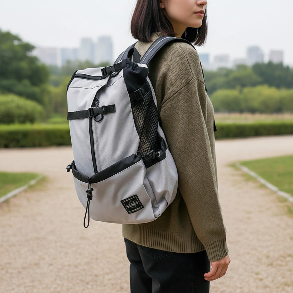 Unisex ergonomic dog carrying backpack, front view, for small to medium dogs, breathable design for travel.