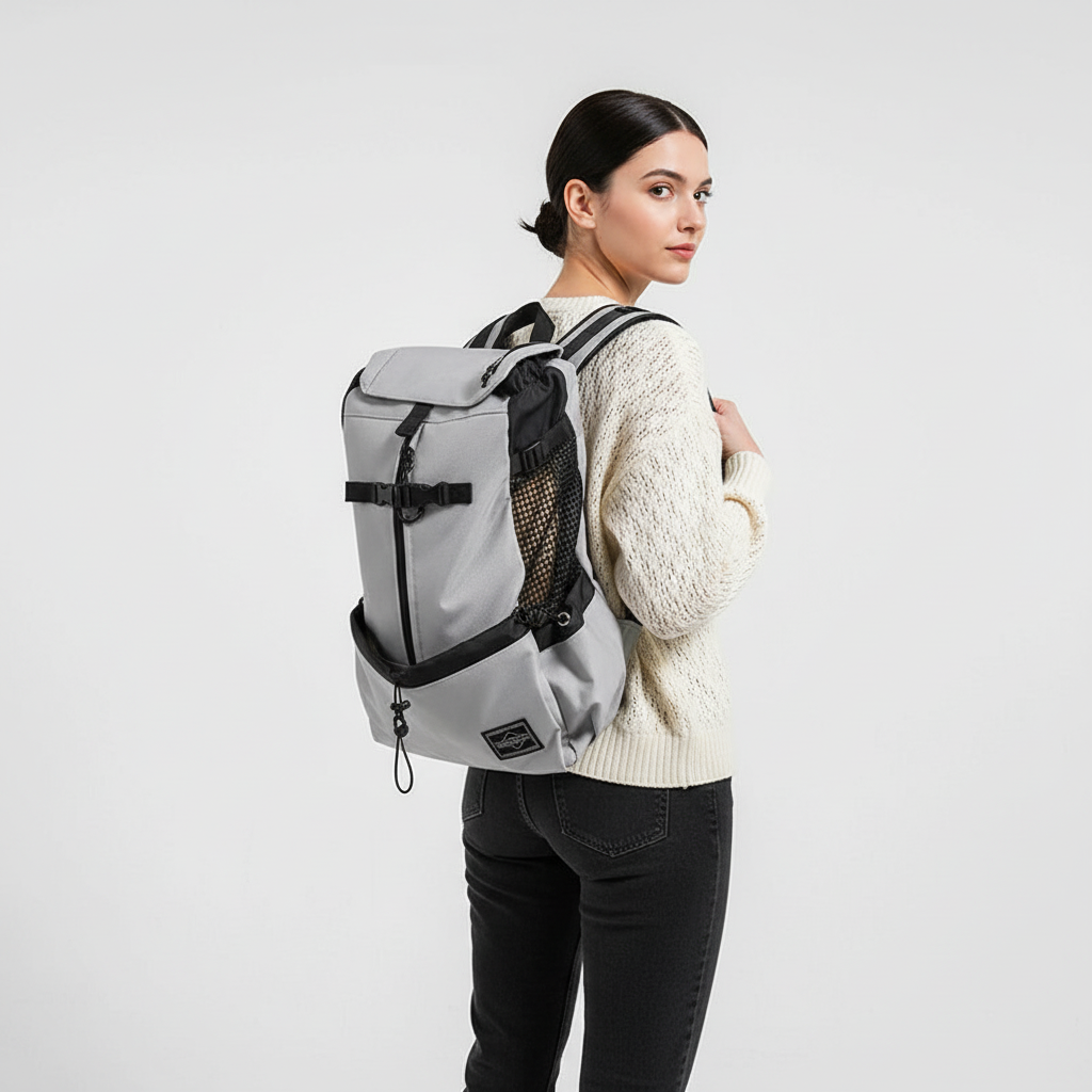Dog in ergonomic pet carrier backpack, side view, comfortable and portable for outdoor adventures.