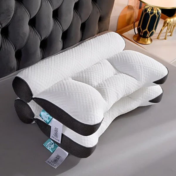 Luxurious goose down pillow, ergonomically designed for stress relief & comfortable neck support. Breathable sleep.