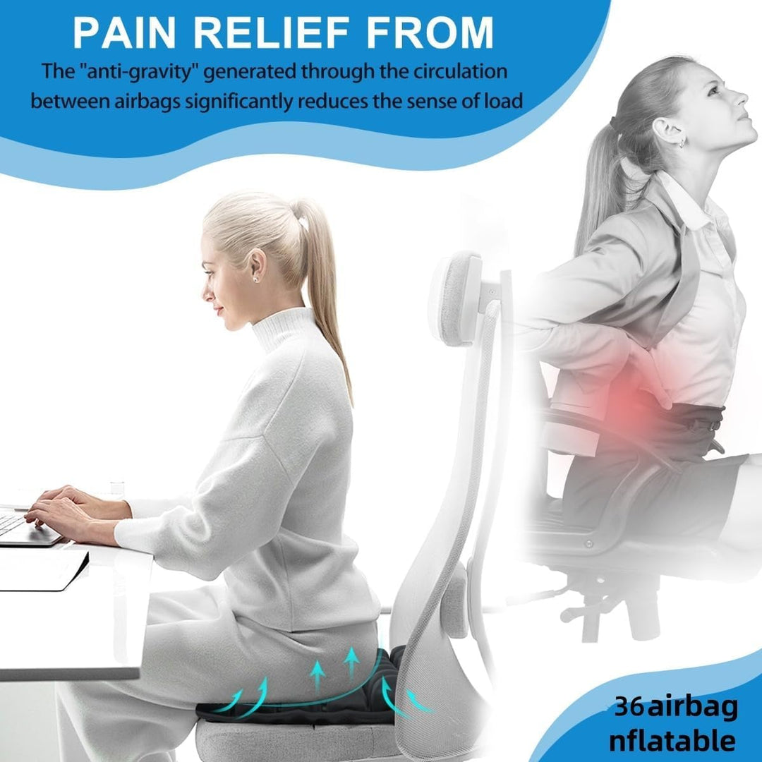 Inflatable travel seat cushion, AirComfort, showcasing ergonomic design for pressure relief, ideal for travel.