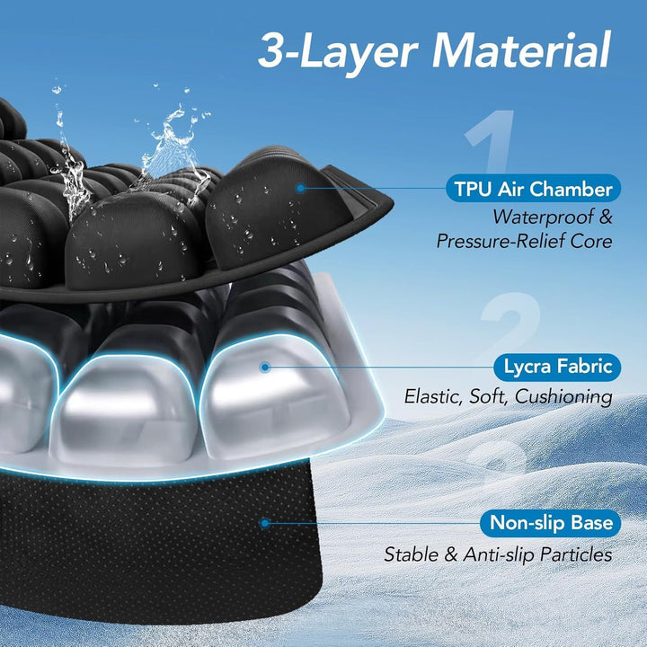 Portable AirComfort inflatable travel seat cushion on an office chair, providing ergonomic pressure relief.