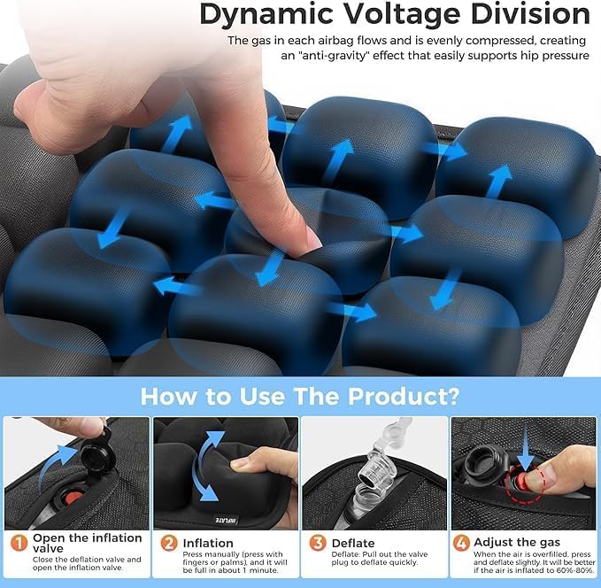 Close-up of an AirComfort inflatable travel seat cushion, highlighting its ergonomic design & air cells.