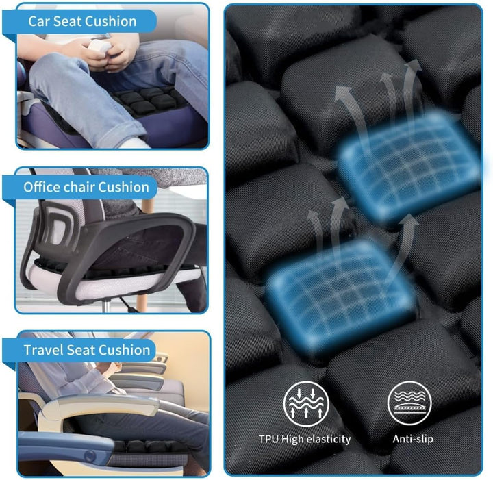 Unisex travel seat cushion, inflatable & ergonomic, folded for easy portability and storage.